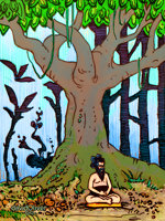 Colored sketch of an ascetic meditating beneath a tree in the jungle