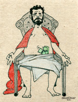 Pencil, ink, and colored pencil sketch of a phony holy man with a red blanket